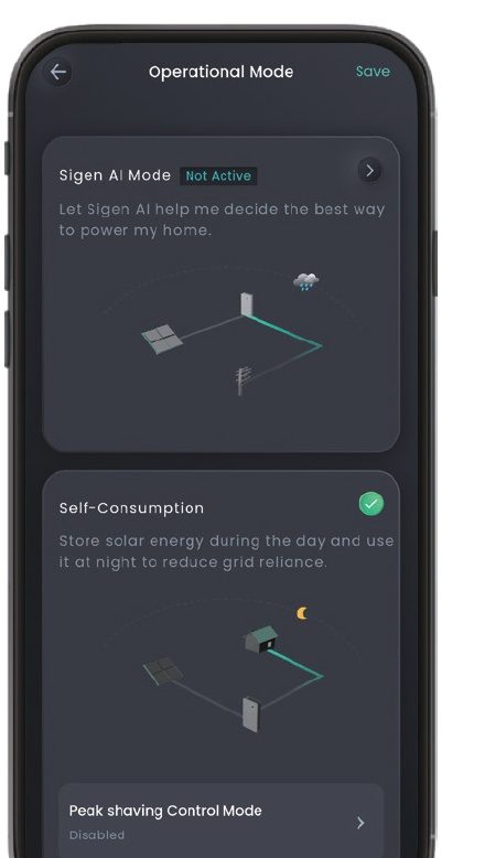mySigen app screen showing SigenStor Operational Mode settings, including Sigen AI Mode and Self-Consumption